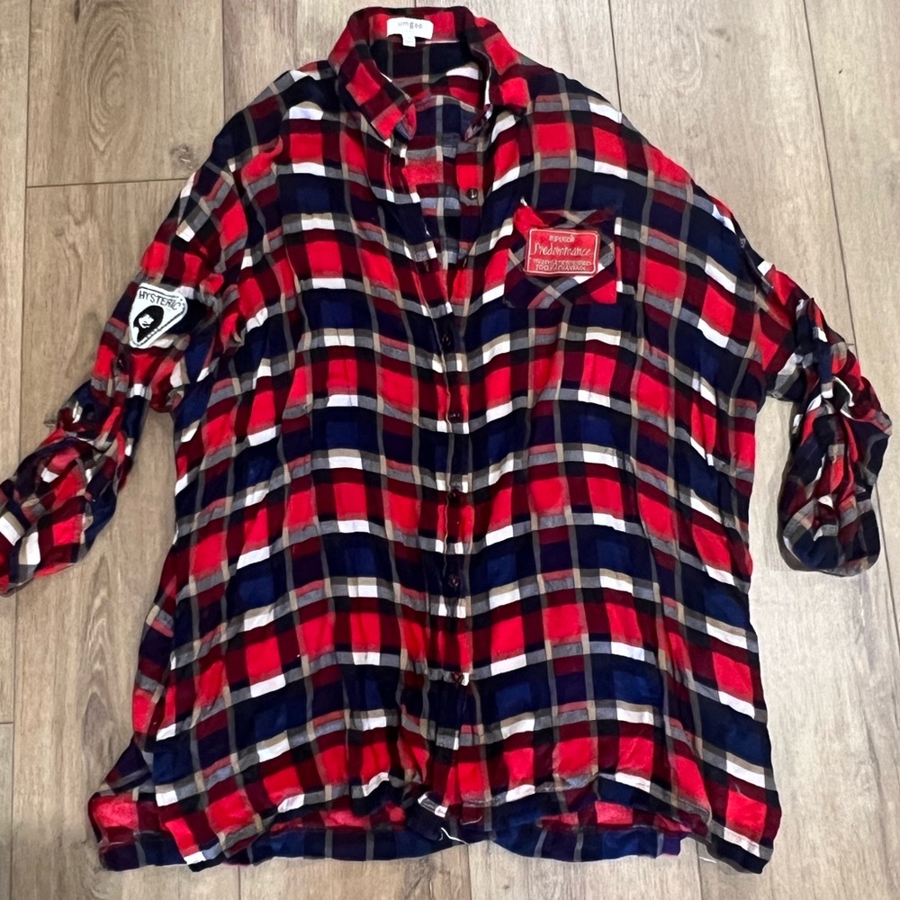 Umgee Red Navy and Black Lightweight Plaid Button-Up Shirt with Patches Medium